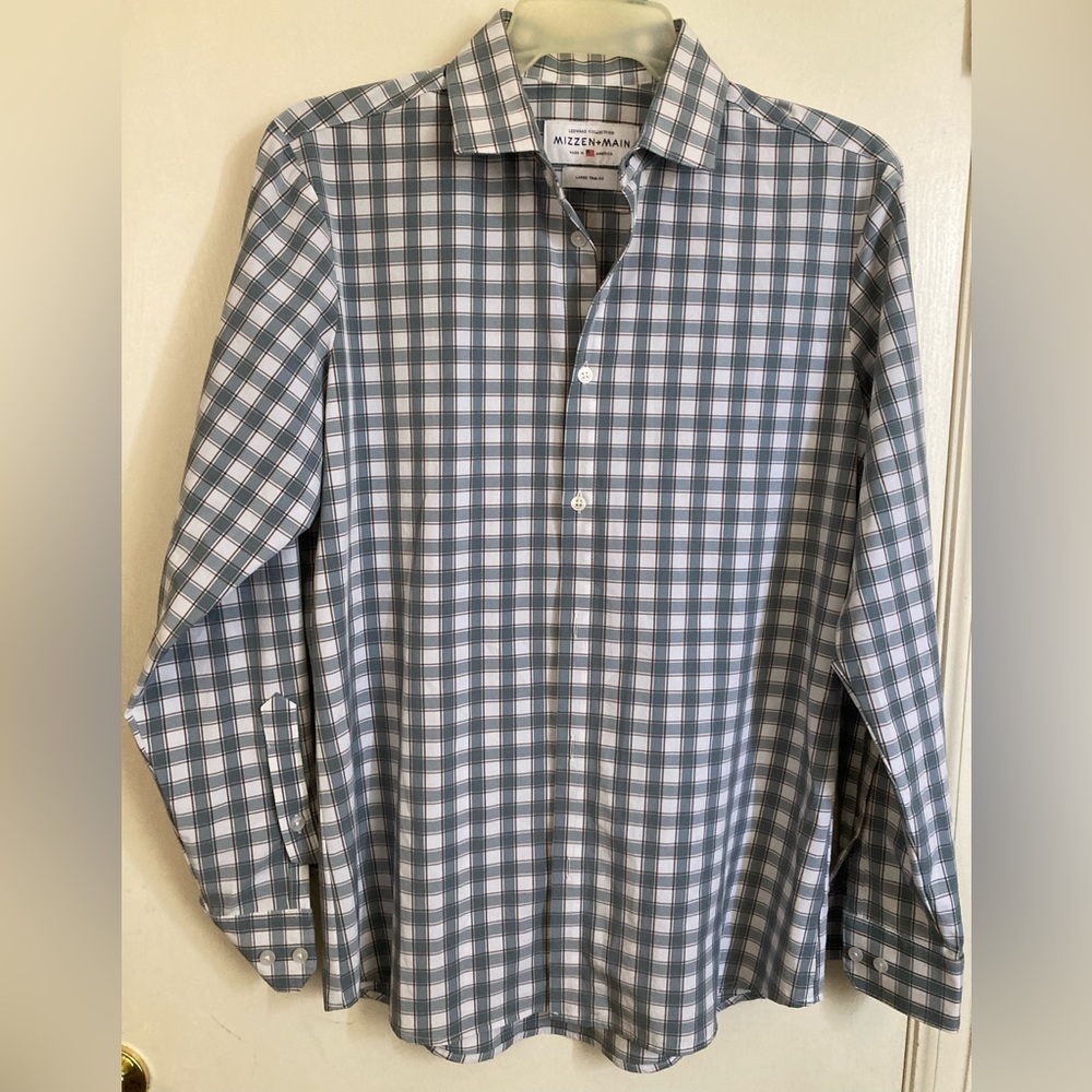 Mizzen+Main Leeward Collection Gray Plaid Trim Fit Button Down Dress Shirt #W
